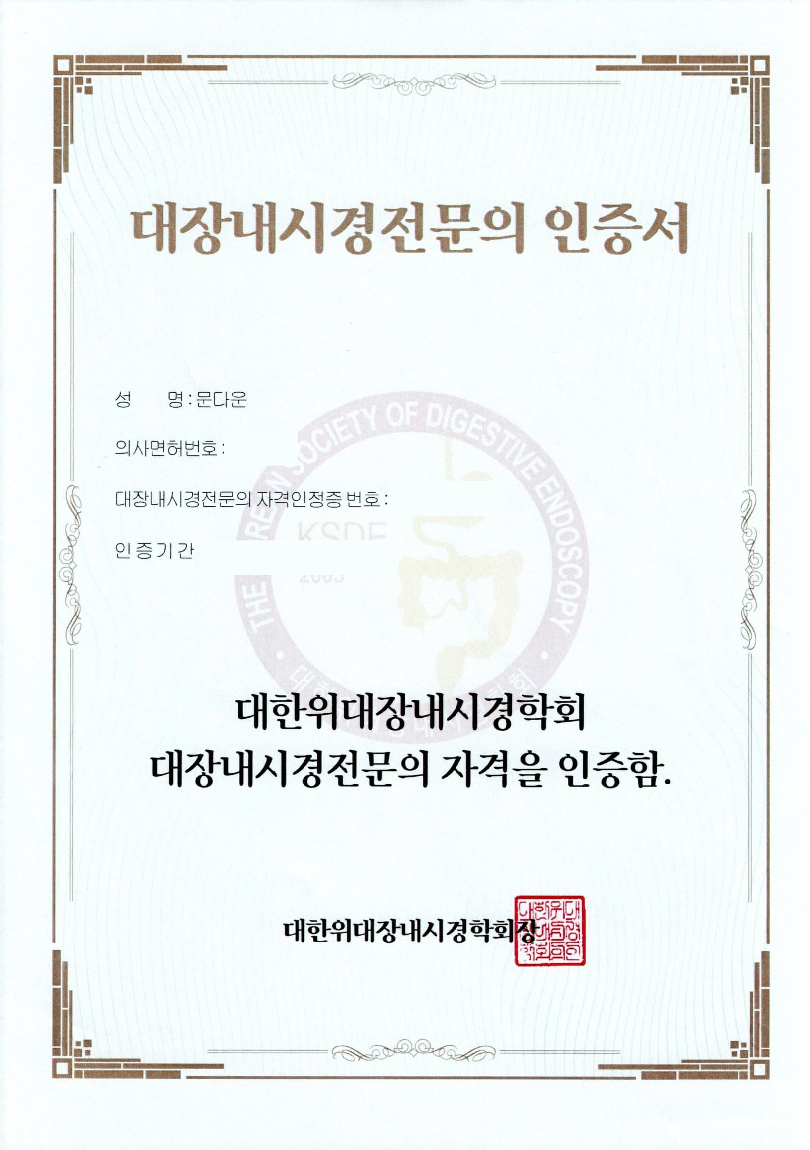 문다은 원장 자격/대장내시경전문의 인증서