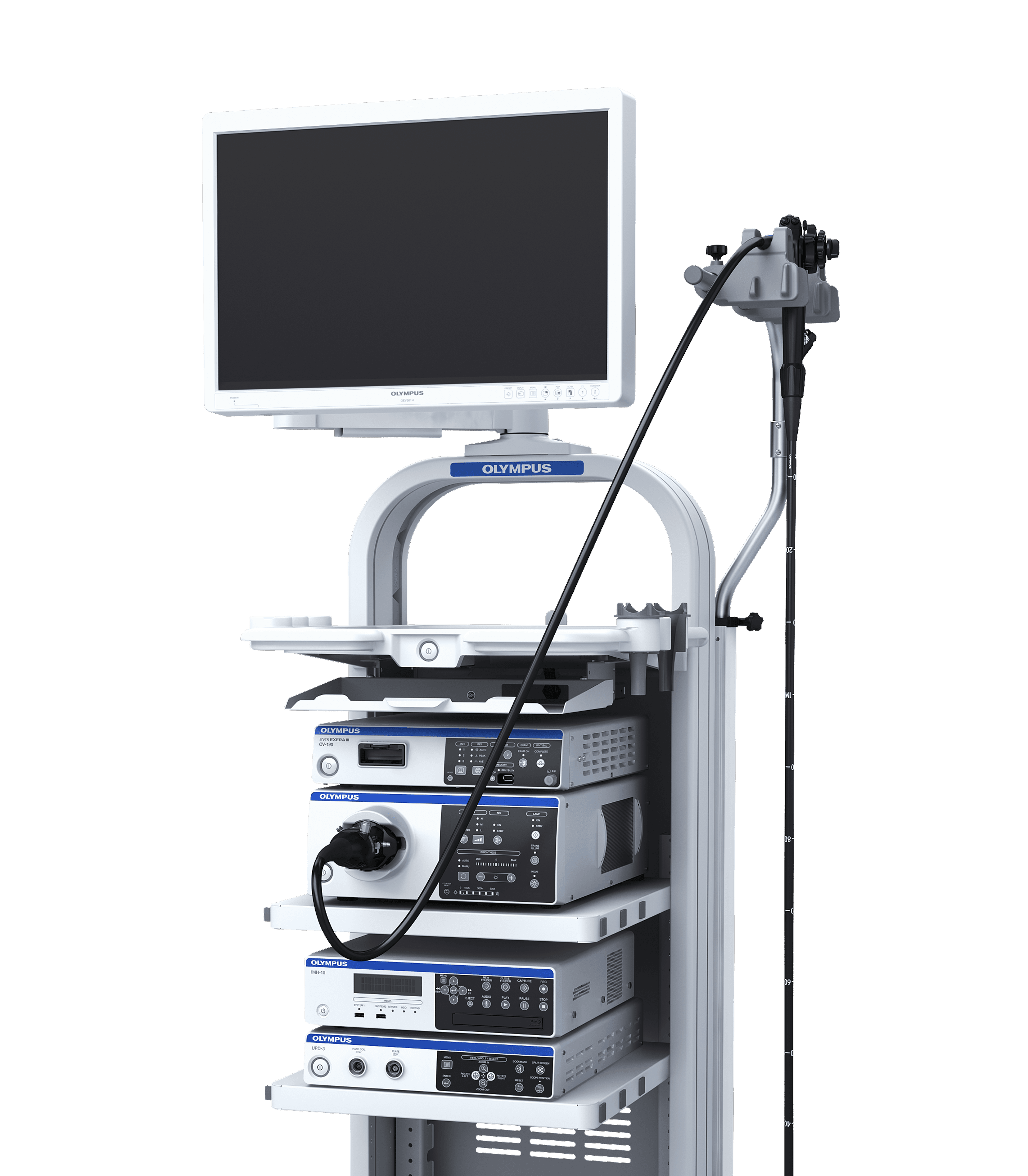 올림푸스 EVIS X1 CV-290 내시경 시스템의 전체 모습, 대형 모니터와 CV-290 프로세서·CLV-290 광원 등 장비 랙, 거치대에 걸린 내시경 스코프와 조작부로 구성된 완전한 소화기 내시경 진단 장비